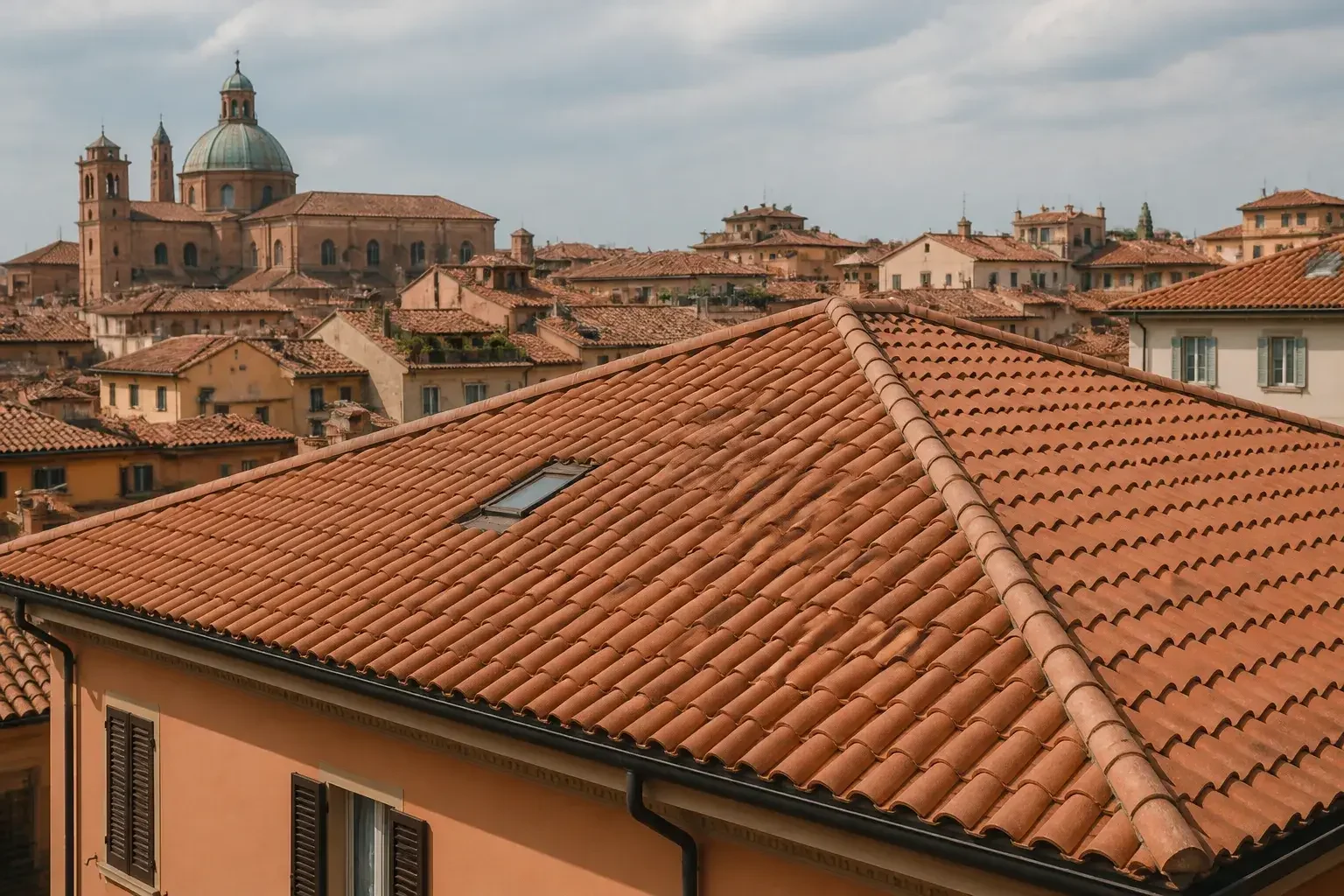 Tetto residenziale restaurato con skyline storico di Bologna.