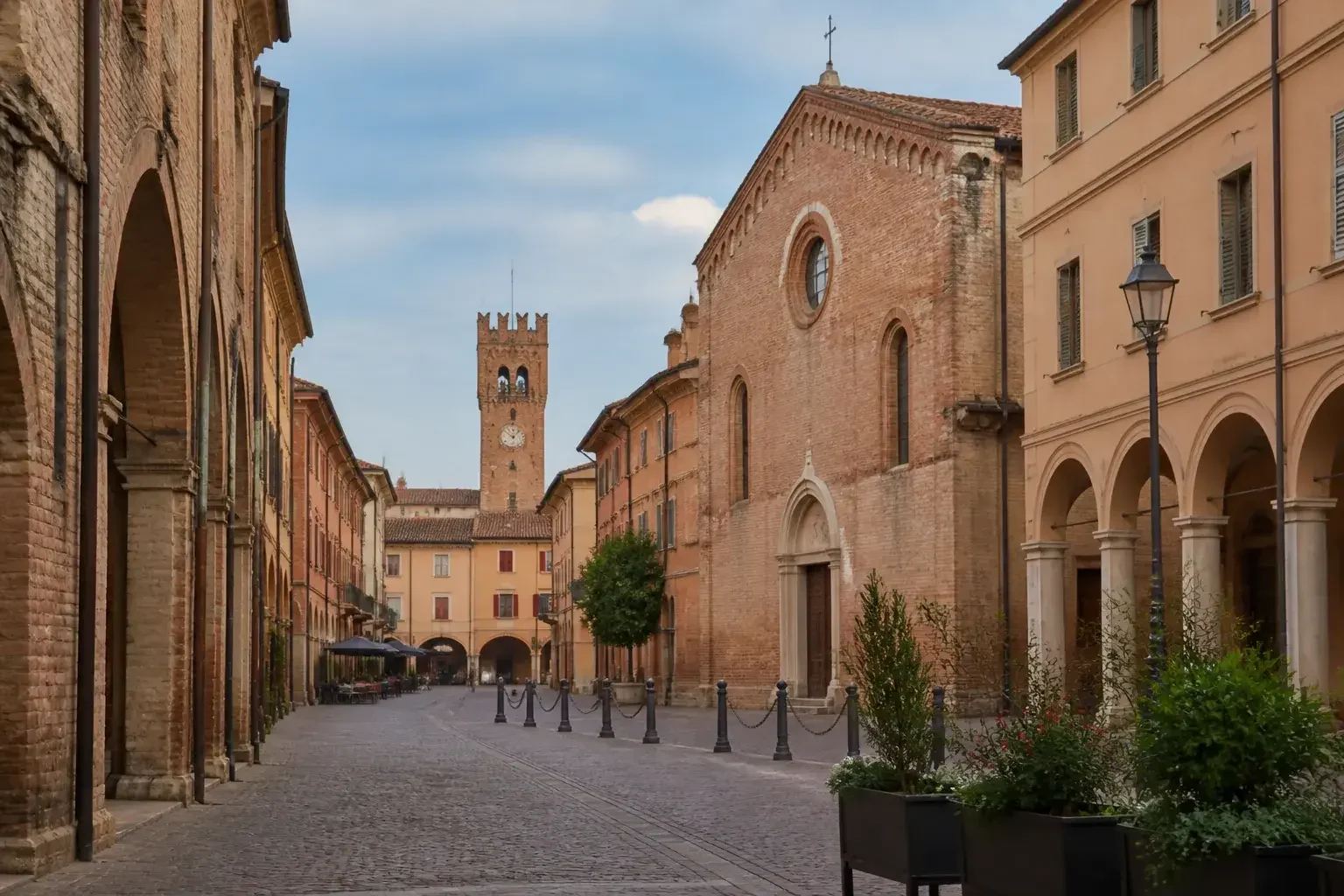 Centro urbano di Imola con edifici in mattoni e strade ordinate.