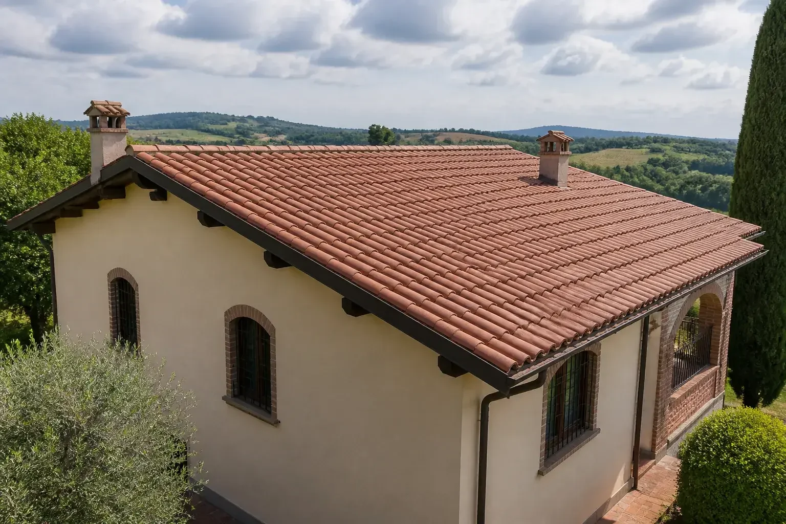 Rifacimento tetto completato su una villa in stile locale.